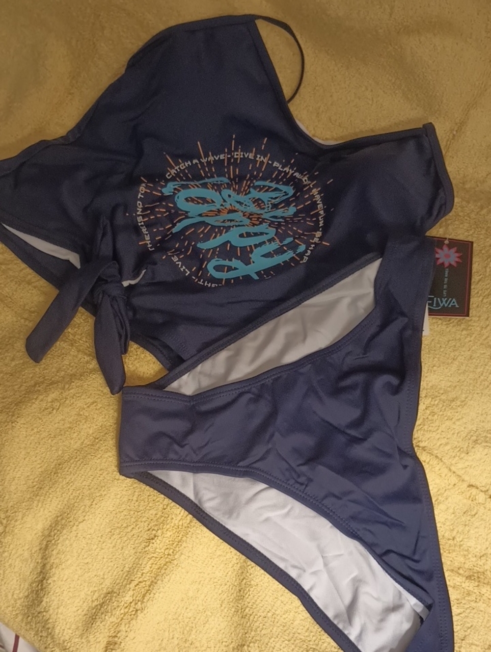 NWT Navy Two-Piece Swimsuit with Teal Graphic Medium